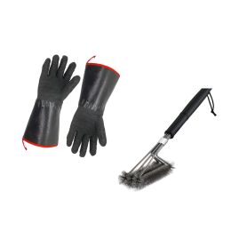 14" 932° F Barbecue Gloves And 18" 3-Wire Barbecue Brush Set, Grill Set Bbq Tools Bbq Accessories RT(D0102HEBULU)