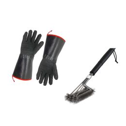 14" 932Â° F Barbecue Gloves And 18" 3-Wire Barbecue Brush Set, Grill Set Bbq Tools Bbq Accessories RT(D0102HEBULU)