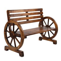 Rustic 2-Person Wooden Wagon Wheel Bench with Slatted Seat and Backrest XH(D0102HXSED8)