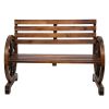 Rustic 2-Person Wooden Wagon Wheel Bench with Slatted Seat and Backrest XH(D0102HXSED8)